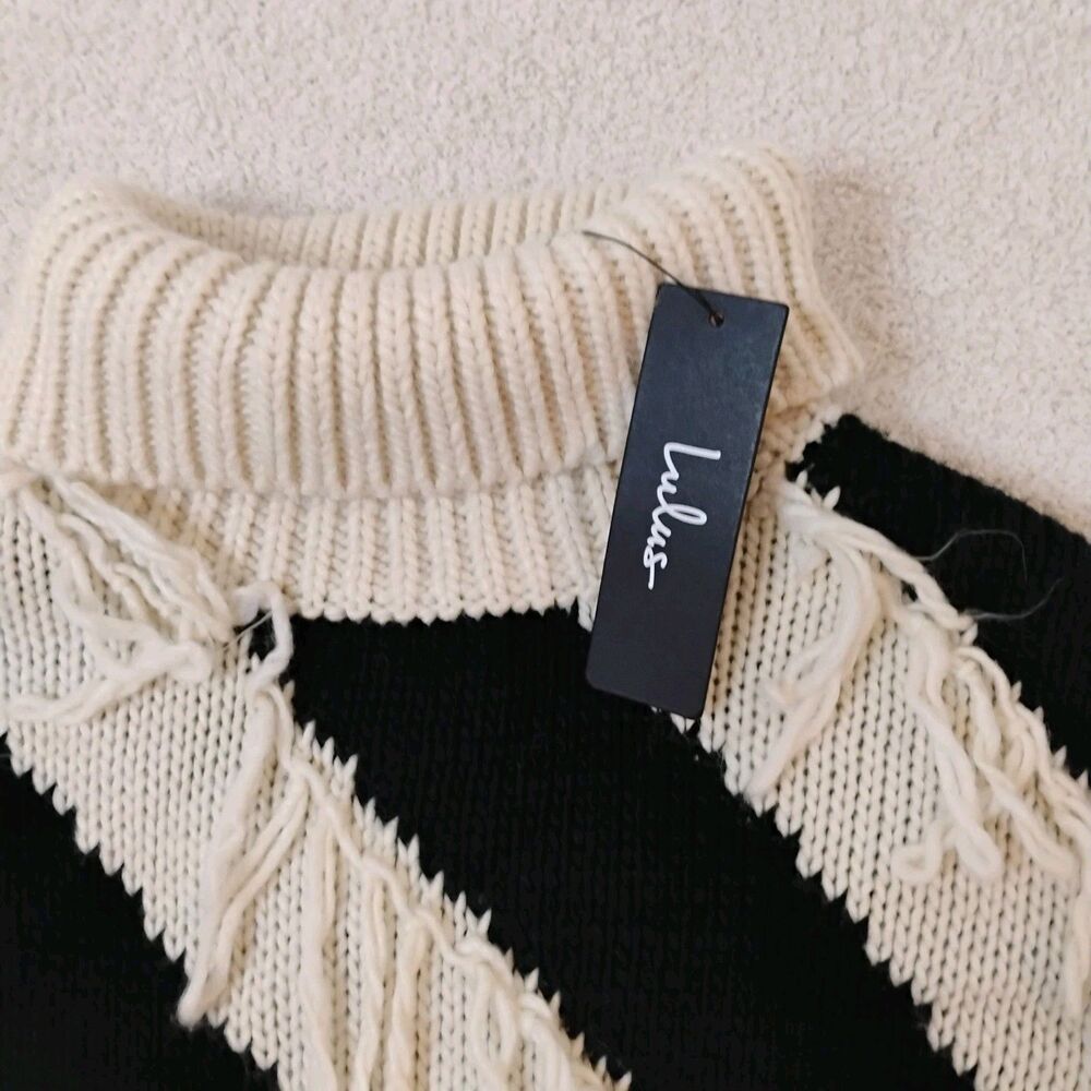 Black & White Candy Cane Striped Knit Sweater Fringe Turtleneck Beatnik Paris Xs - Picture 5 of 9
